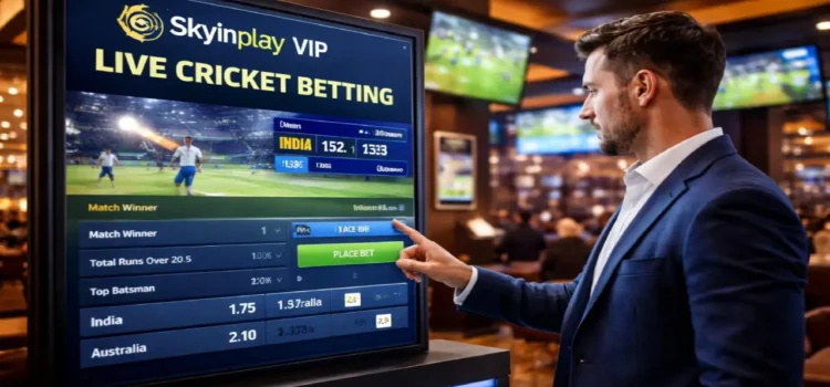 Man placing a bet on a live cricket betting screen showing match odds, scores, and real-time betting options on a digital sportsbook platform
