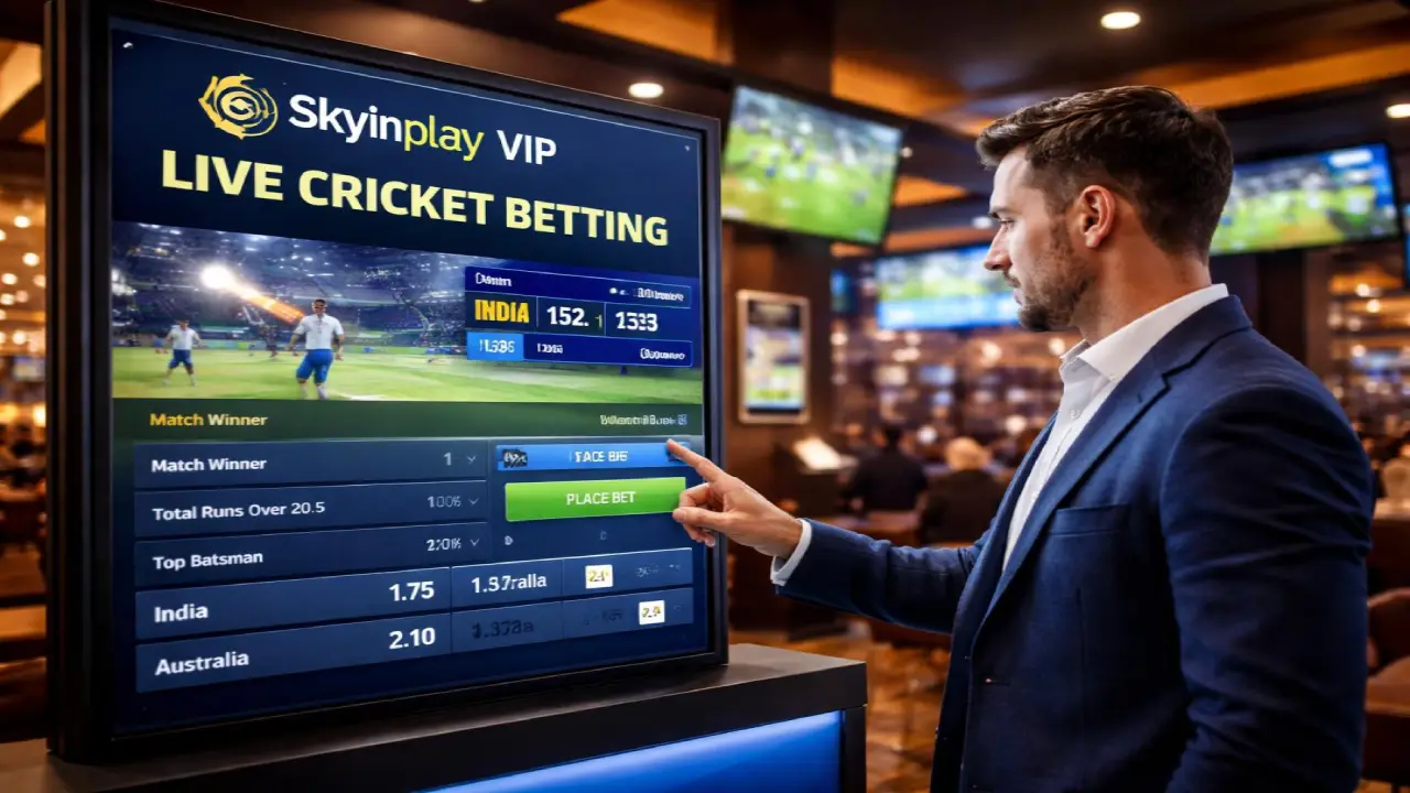 Man placing a bet on a live cricket betting screen showing match odds, scores, and real-time betting options on a digital sportsbook platform