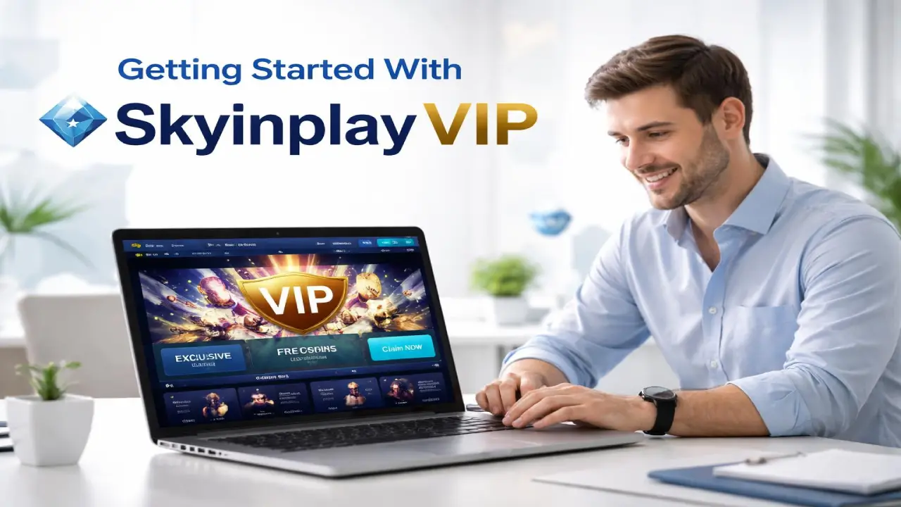 Man using a laptop to access Skyinplay VIP online casino platform with VIP rewards, free spins, and exclusive gaming features displayed on screen