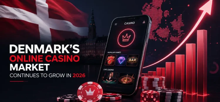 Denmark’s Online Casino Market Continues to Grow in 2026 Modern illustration of Denmark's growing online casino market in 2026 featuring a smartphone with casino games, Danish flag, rising growth chart, casino chips, dice, and a digital map of Denmark representing the country's expanding iGaming industry.