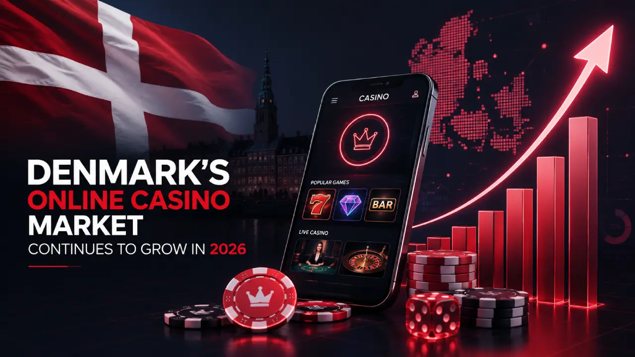Modern illustration of Denmark's growing online casino market in 2026 featuring a smartphone with casino games, Danish flag, rising growth chart, casino chips, dice, and a digital map of Denmark representing the country's expanding iGaming industry.