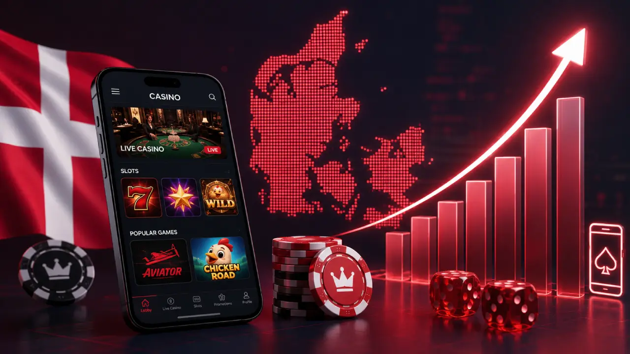 Modern illustration of secure online casino payment methods in Denmark featuring a smartphone, Visa and Mastercard cards, Trustly account transfers, e-wallets, fast payout icon, casino chips, and a digital map of Denmark.