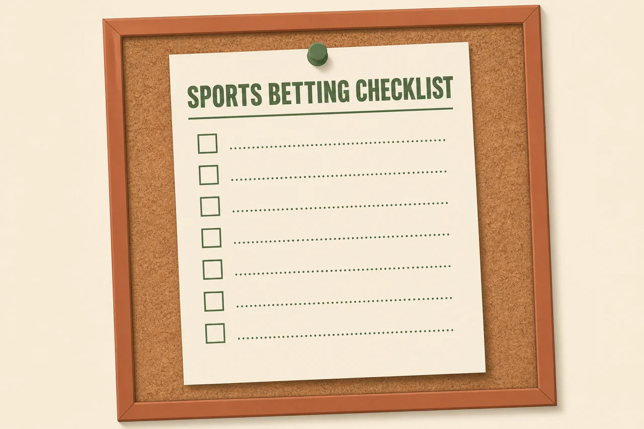 Master sports betting checklist sheet pinned to a cork board